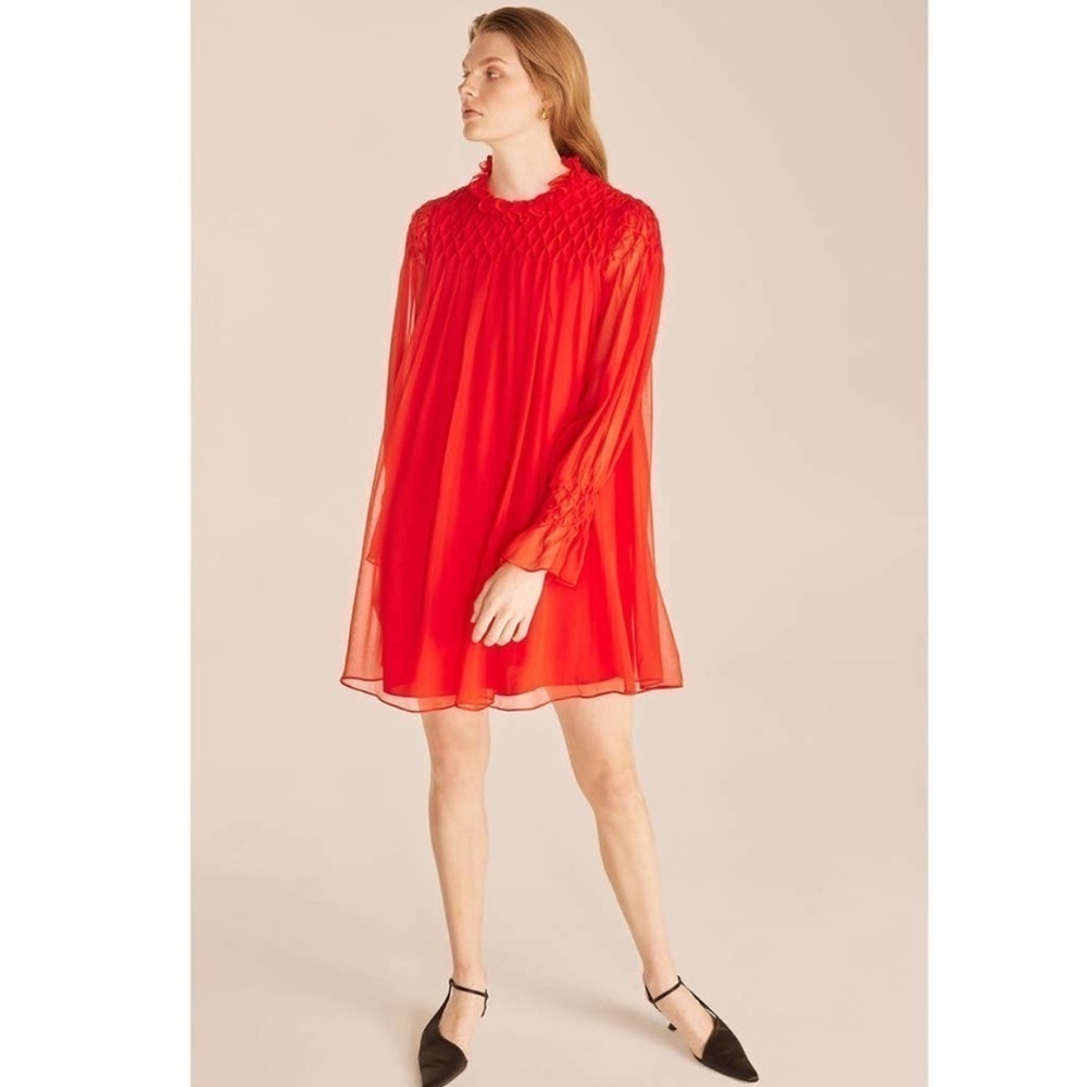 Rebecca Taylor 100% Silk Diamond Smocked Mock Neck Long Sleeve Mini Dress